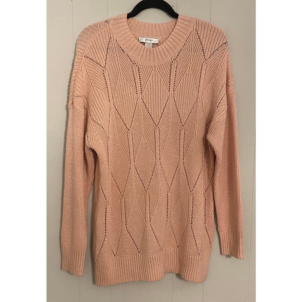 CJ Banks Blush Light Pink Open‎ Weave Sweater Diamond Pattern Crewneck 1X Cozy